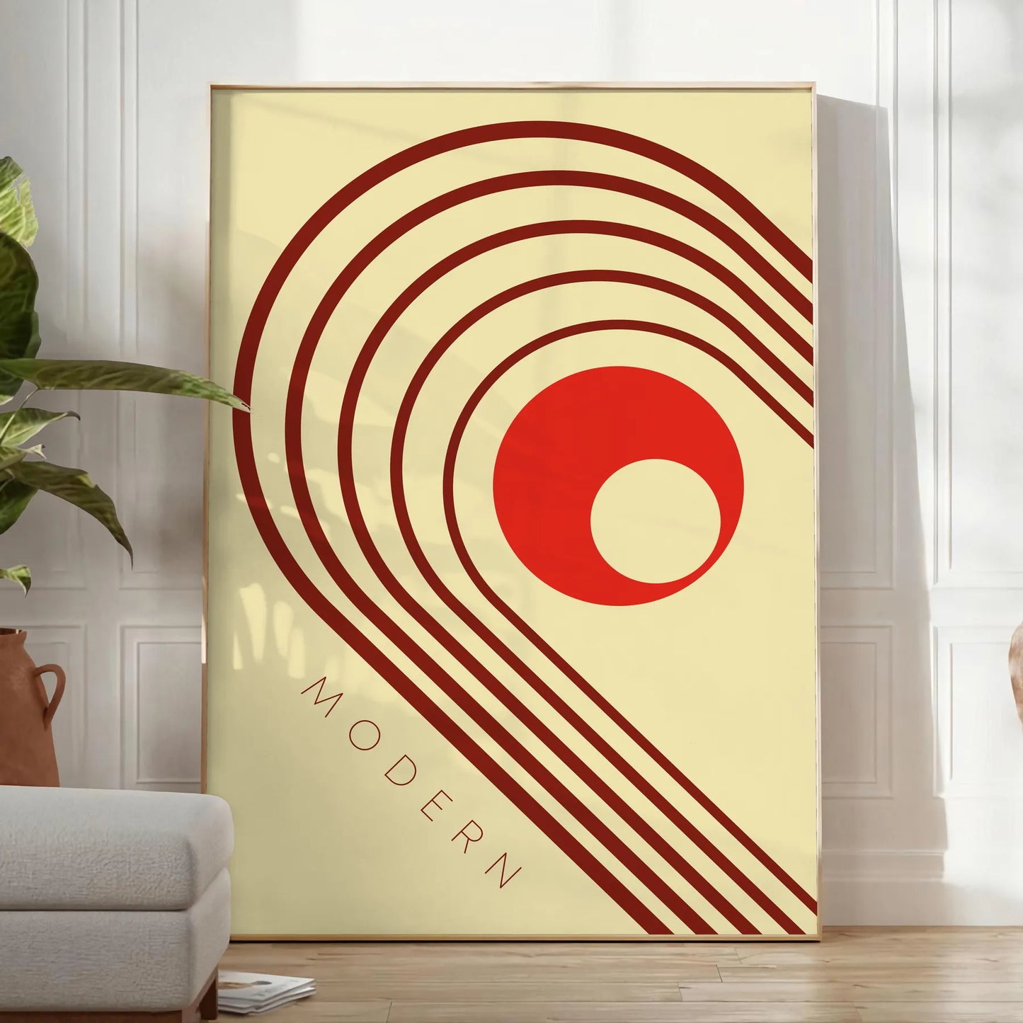 space boho abstract wall poster serene gray vibrant orange tones art thoughtful gift print chic modern touch room size A4 cm A0