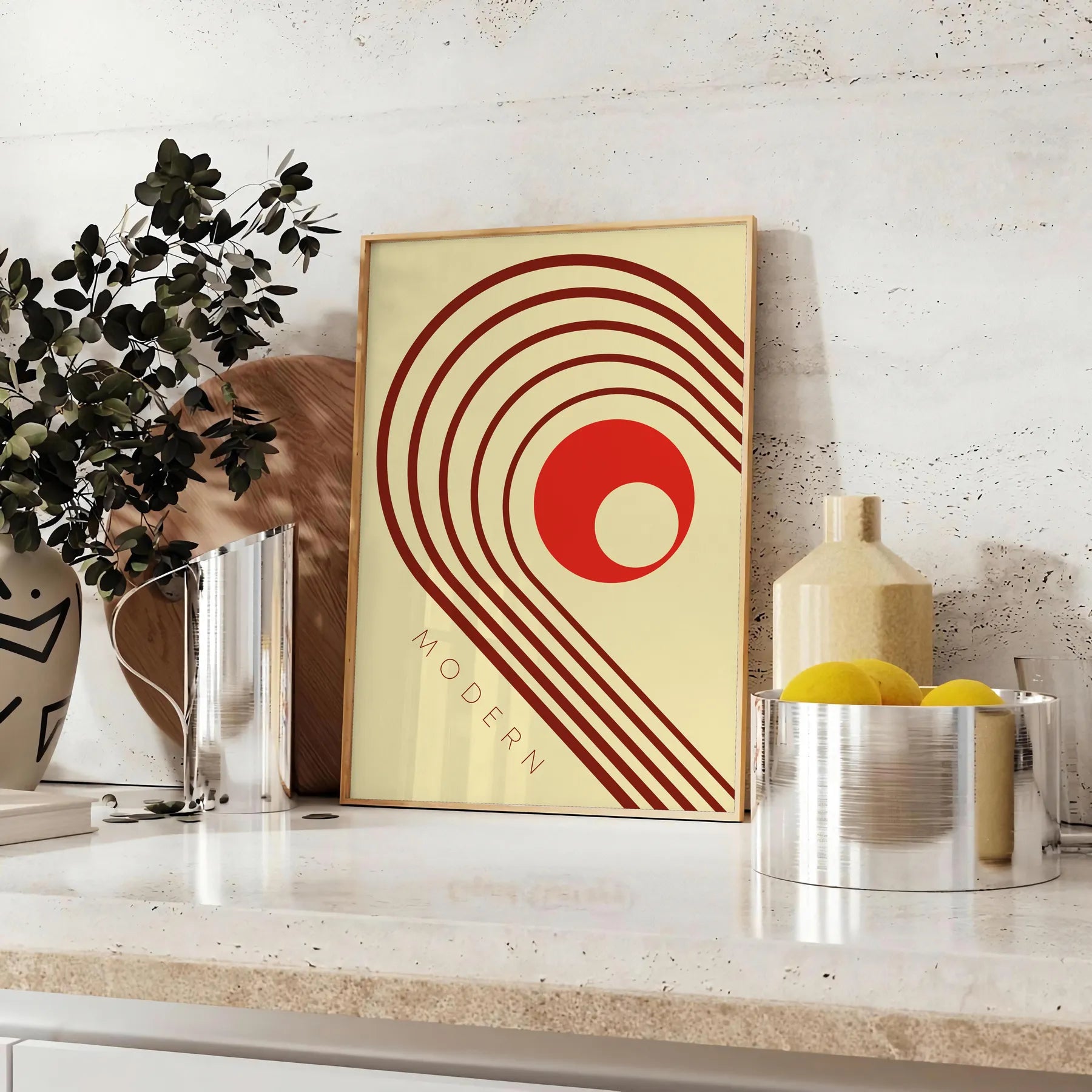 space boho abstract wall poster serene gray vibrant orange tones art thoughtful gift print chic modern touch room size A4 cm A0